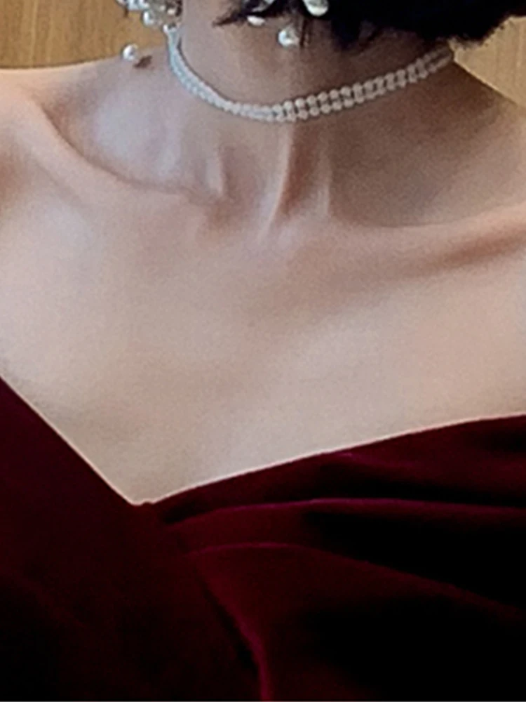 Lautaro primavera largo de lujo elegante vino rojo suave terciopelo fiesta de noche vestidos de boda para mujeres 2022 vestido Maxi con hombros descubiertos