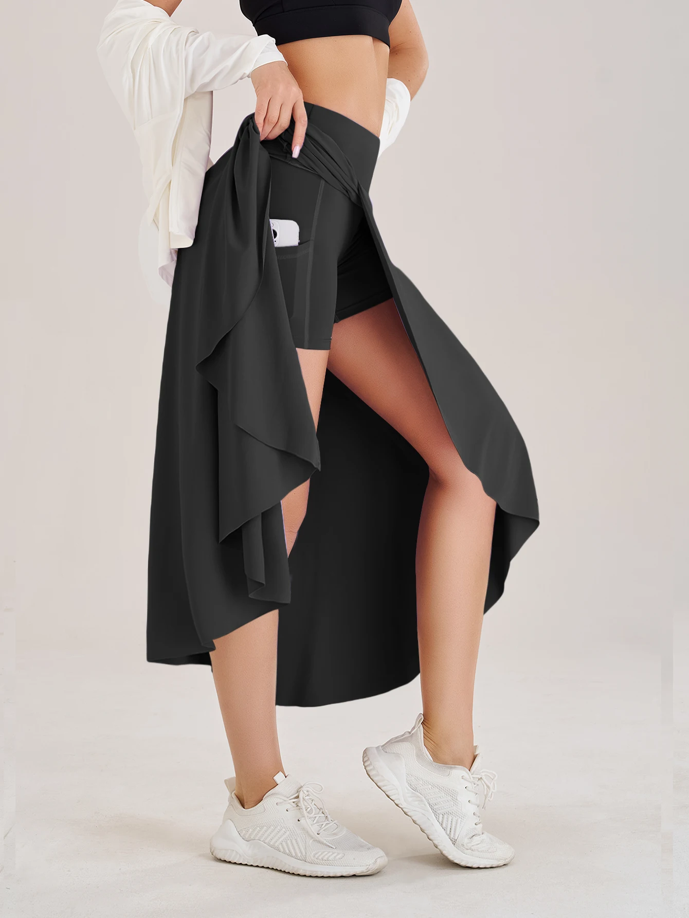 Falda pantalón de tenis para mujer, pantalones cortos con bolsillos laterales y apertura en la cintura, vestido largo, ropa deportiva para Fitness, entrenamiento