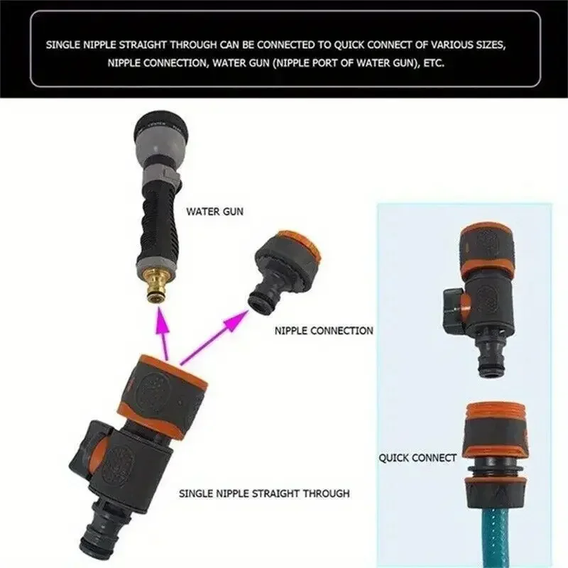 Adaptador de manguera de jardín de conexión rápida con válvula de cierre, apto para mangueras de 1/2", 3/8", 1/4", y 3/4", ideal para césped, jardines, lavado de autos