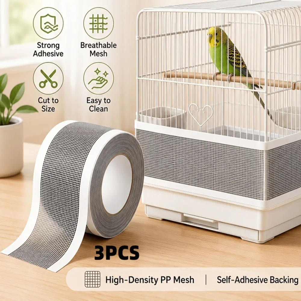 1 unidad de red de malla autoadhesiva y cortable para jaula de pájaros, protector transpirable antisalpicaduras, cubierta envolvente, accesorios para plumas de loros