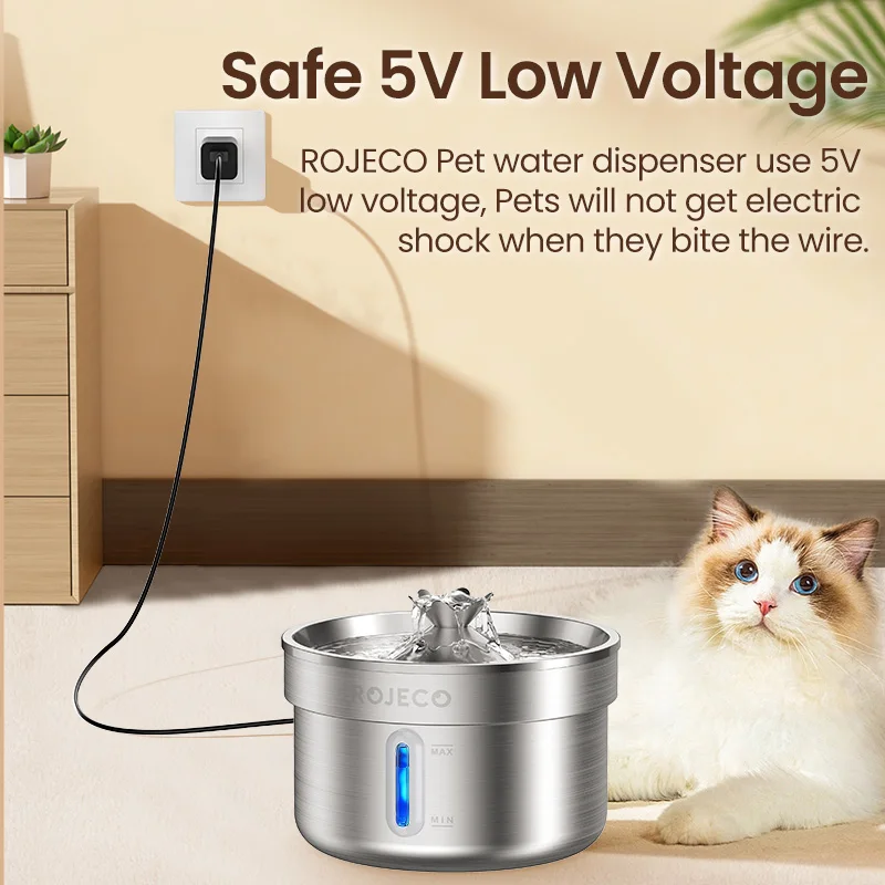 ROJECO-bebedero automático de acero inoxidable para mascotas, dispensador inteligente de agua para gatos y perros, suministro para beber
