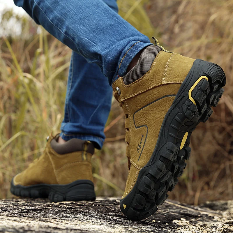 Zapatos de exterior de cuero genuino para hombre, Botas de senderismo impermeables, zapatos de escalada de montaña para invierno