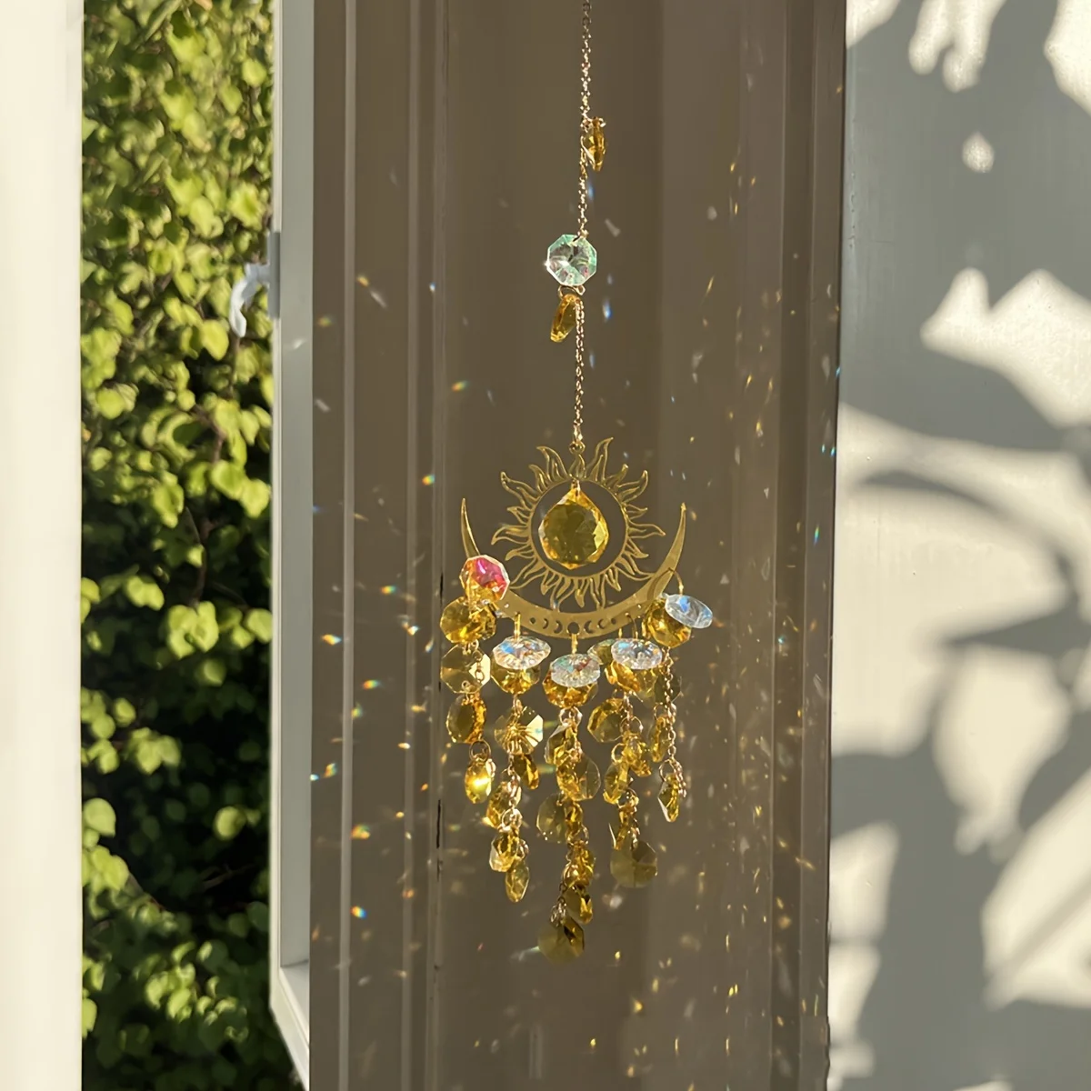 1 pieza de Adornos Luminosos para Jardín, Atrapasoles de Cristal con Diseño de Llama, Luna y Sol, Campanilla de Viento y Adornos Colgantes