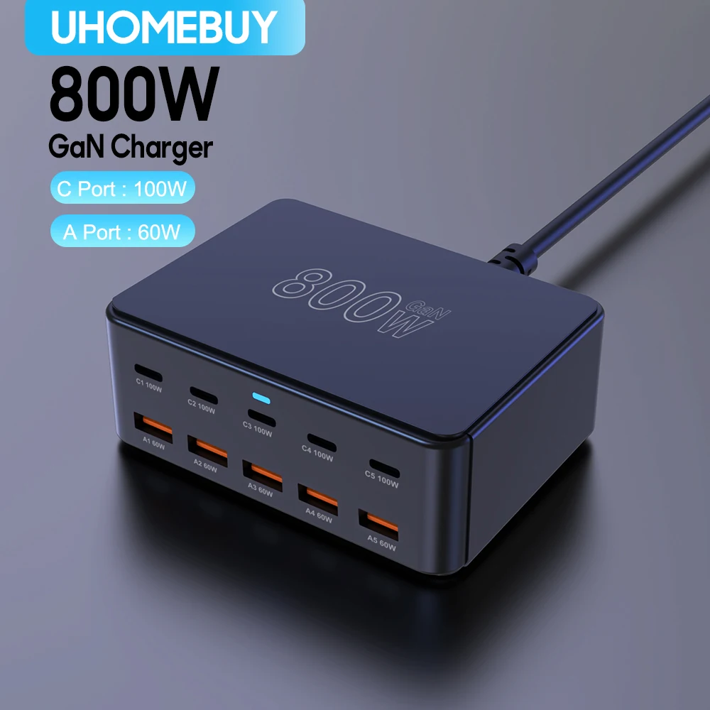 Cargador GaN USB C de 800W, estación de carga rápida de 10 puertos PD3.0 PPS QC3.0 de 100W para iPhone 16/15 Samsung MacBook Pro, ordenadores portátiles y tabletas