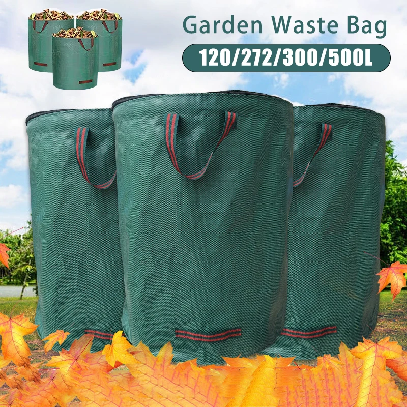 Bolsa de basura para jardín de 120-500L con tapa, cubo de basura plegable para colección de hojas, bolsa de almacenamiento para jardinería al aire libre con hojas caídas reutilizables
