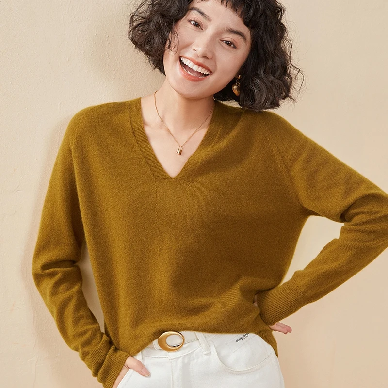 Otoño e Invierno nuevo suéter de cachemira para mujer 100% cachemira pura jersey de punto con cuello en V de manga larga Top de mujer superventas
