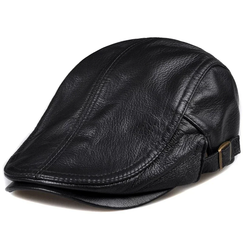 Boina de pico de pato de cuero genuino Unisex para exteriores, boinas finas, sombreros para hombres/mujeres, ocio, negro/marrón, 54-61cm, capó de taxista ajustado