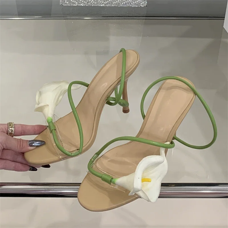 Eilyken, sandalias sexis de PVC transparente con flores y banda estrecha para mujer, estilo callejero, punta abierta, tacones altos finos, zapatos para fiesta y graduación