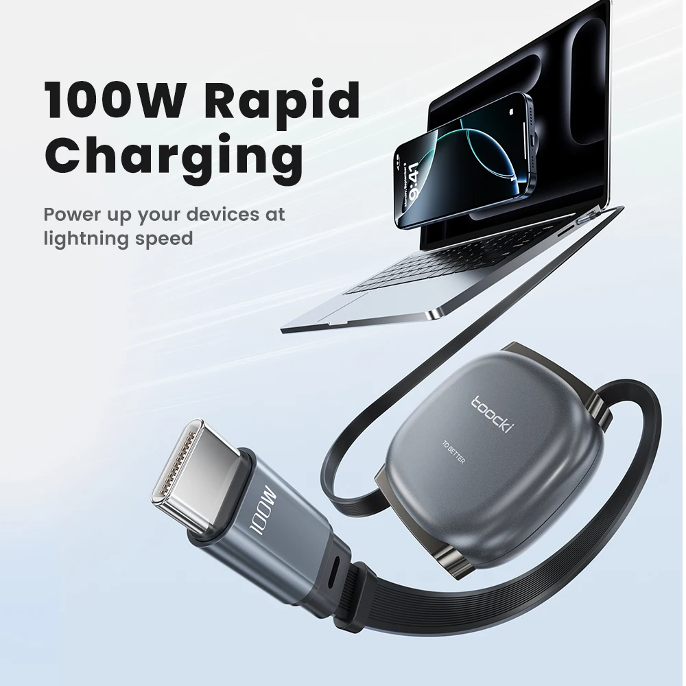 Toocki tipo C a USB C 100W Cable retráctil 480Mdps Cable Fast Chaerger tamaño Mini para iphone 16 15 Pro Max Cable de datos Samsung