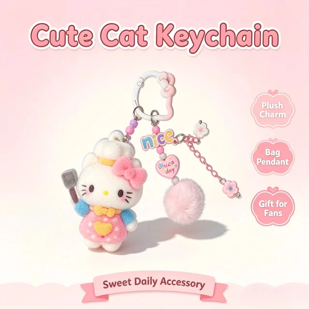 Lindo Llavero de Gato KT, Colgante de Muñeco Flocado para Bolso, Adorno de Flor con Pompón, Decoración de Moda para Llaves de Coche, Regalo