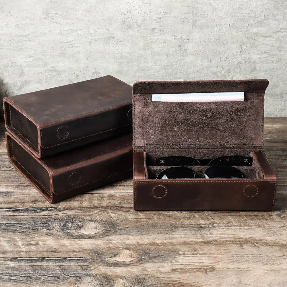 Caja de almacenamiento de gafas de sol de cuero genuino Retro, estuche de exhibición de gafas de sol, organizador de gafas de sol de viaje familiar, 2/3/4/6/8 rejillas