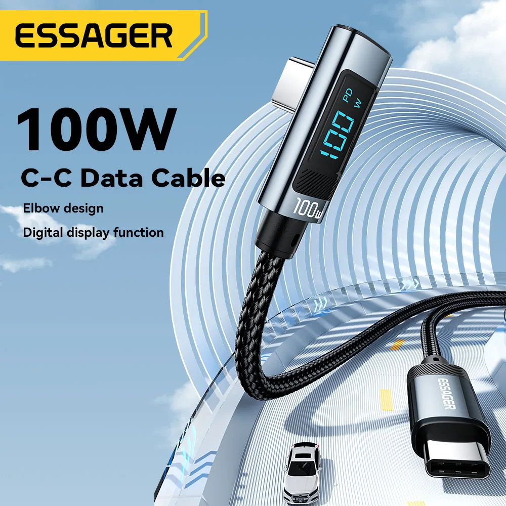 Essager PD100W Cable USB C a tipo C Cable de carga rápida codo de 90 grados con pantalla para Iphone 15 Huawei Samsung Macbook Pro