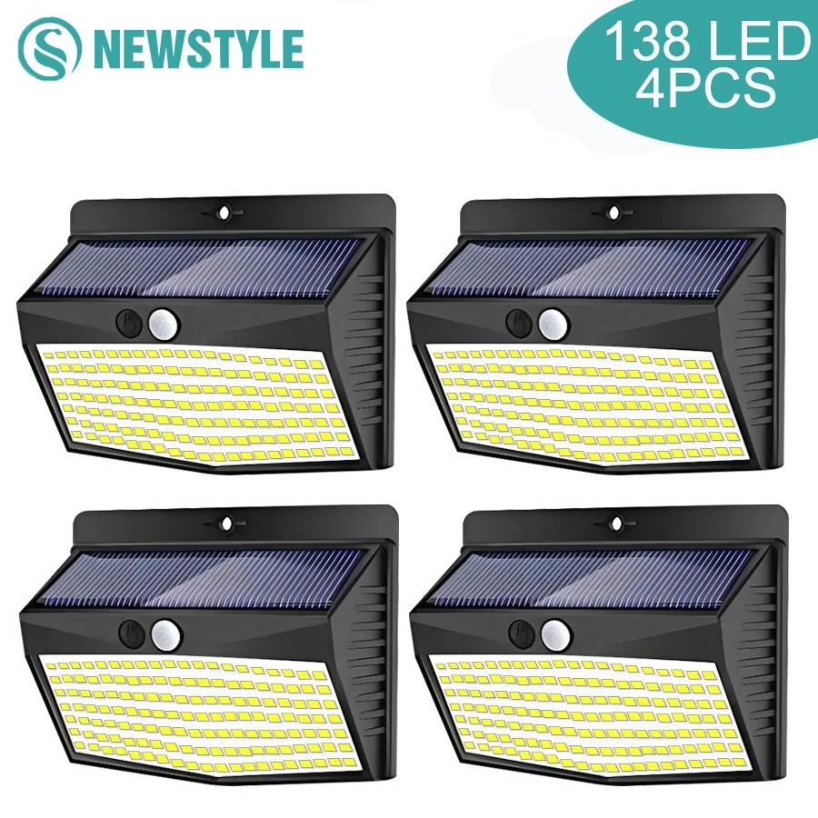 Lámpara Solar LED de 138 LED para Exteriores, Lámpara de Pared Solar con Sensor de Movimiento Humano, 3 Modos, Impermeable, Decoración de Jardín, Luces de Calle, Alimentada por Energía Solar