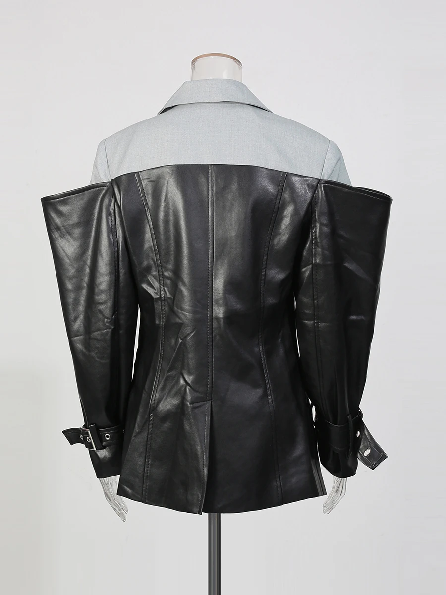 TWOTWINSTYLE, chaquetas de moda adelgazantes de colores llamativos para mujer, Túnica de manga larga con solapa, chaqueta de calle de cuero de retales para mujer