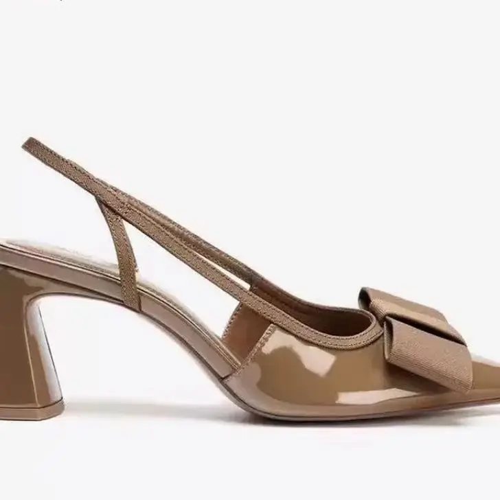 Zapatos de Verano para Mujer con Decoración de Lazo Negro, Tacones Descubiertos, Tacones Gruesos, Tacones Altos Puntiagudos, Sandalias Bajas
