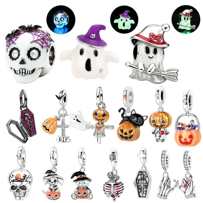 Abalorio Colgante de Plata de Ley 925 con Calavera de Halloween y Cabeza de Calabaza con Circones Brillantes, para Pulsera, Regalo de Joyería DIY para Mujer, 2026