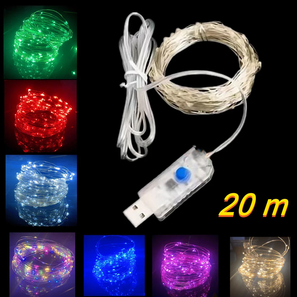 Guirnalda de luces LED con cable plateado, luces LED alimentadas por USB, guirnalda impermeable para exteriores, decoración DIY para fiestas de Navidad y bodas