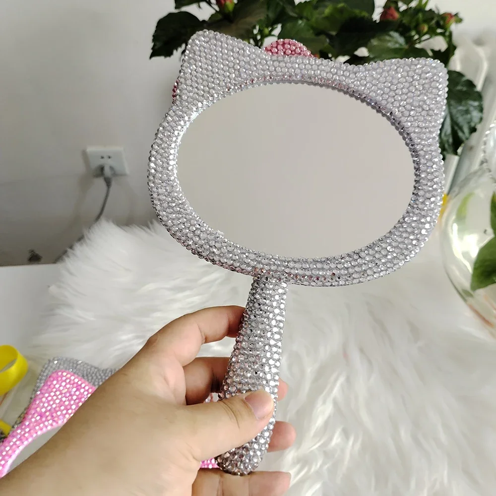 Espejo de cristal Hello Kitty Kawaii, espejo de mano con diamantes de imitación brillantes, regalo de cumpleaños para niña, decoración para sala de estar