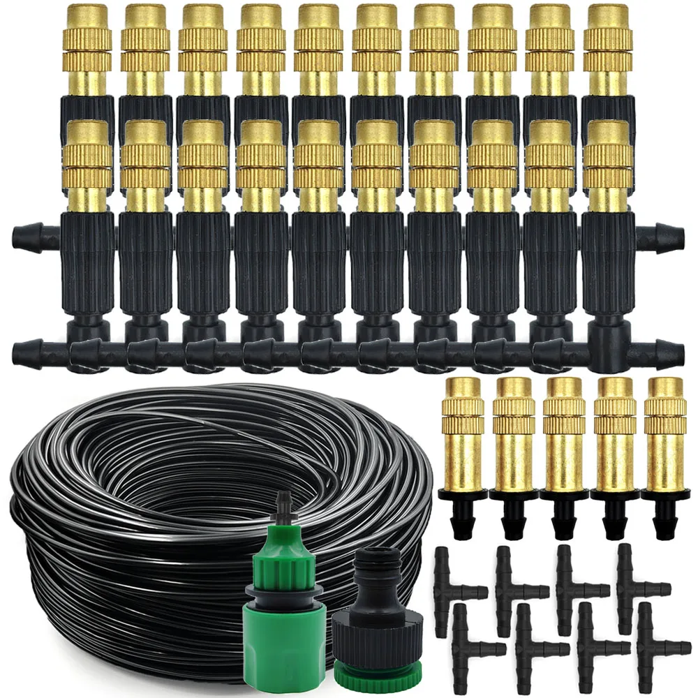 Sistema de refrigeración por nebulización para exteriores, boquillas atomizadoras de latón de 1/4 pulgadas, manguera de 4/7mm, para riego de jardín, Patio e invernadero, 15M-30M