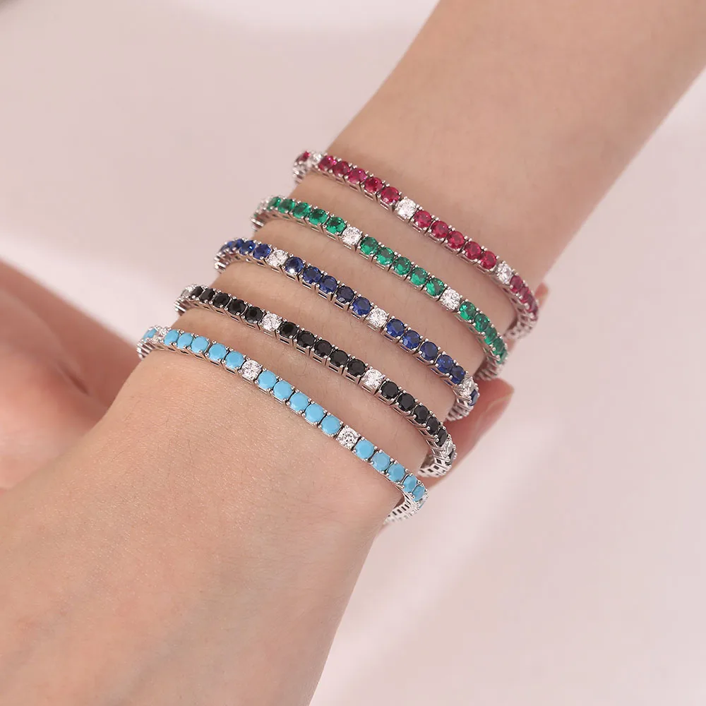 Joyería Fina, pulsera de tenis de plata 925 con circonita cúbica azul Montana/verde esmeralda/rojo rubí/turquesa/negro de 3mm
