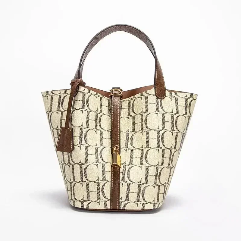 Bolso Tote CH para Mujer, Bolso de Mano de Cuero con Monograma de Lujo, Bolso de Moda con Asa Superior, Bolso Tipo Cubo Elegante con Cierre para el Uso Diario