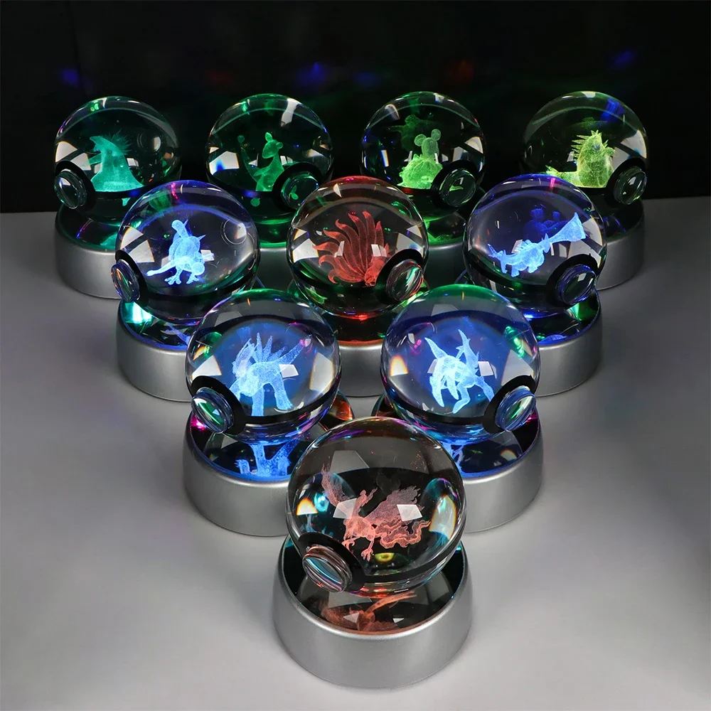 Pokemon bola de cristal 3D Pikachu Gengar Eevee Mewtwo juego de Anime Pokeball Led Base de luz nocturna niños regalo de cumpleaños decoración del hogar