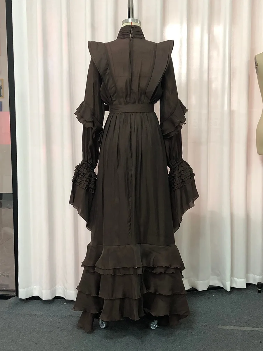 TWOTWINSTYLE Vintage empalmado recortado vestido medio ajustado para mujer cuello alto manga larga dobladillo con volantes vestidos elegantes Mujer
