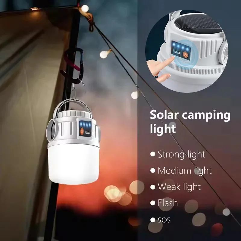 Lámpara LED Solar de Doble Carga para Camping, Impermeable, Multifuncional, Linterna para Exteriores con Gancho para Colgar