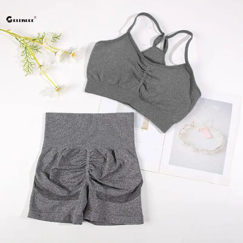 CHRLEISURE-Conjunto deportivo sin costuras para mujer, traje de Yoga de 2 uds, sujetador de Fitness con pantalones cortos de ciclismo, traje de entrenamiento elástico para gimnasio, ropa deportiva