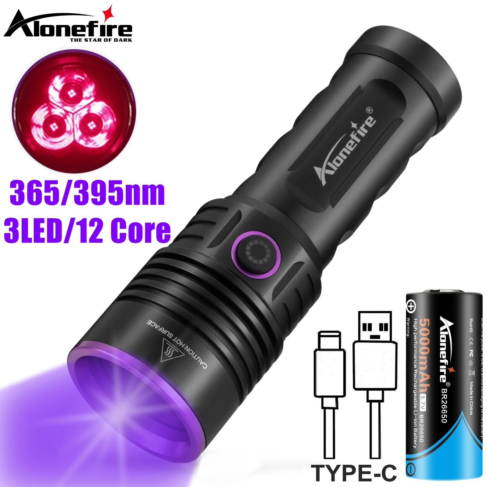 Linterna UV de alta potencia de 60W y 365nm, luz negra recargable para curado, detección de manchas de gatos y perros, marcadores, minerales, dinero, escorpiones y lámpara fluorescente de verificación