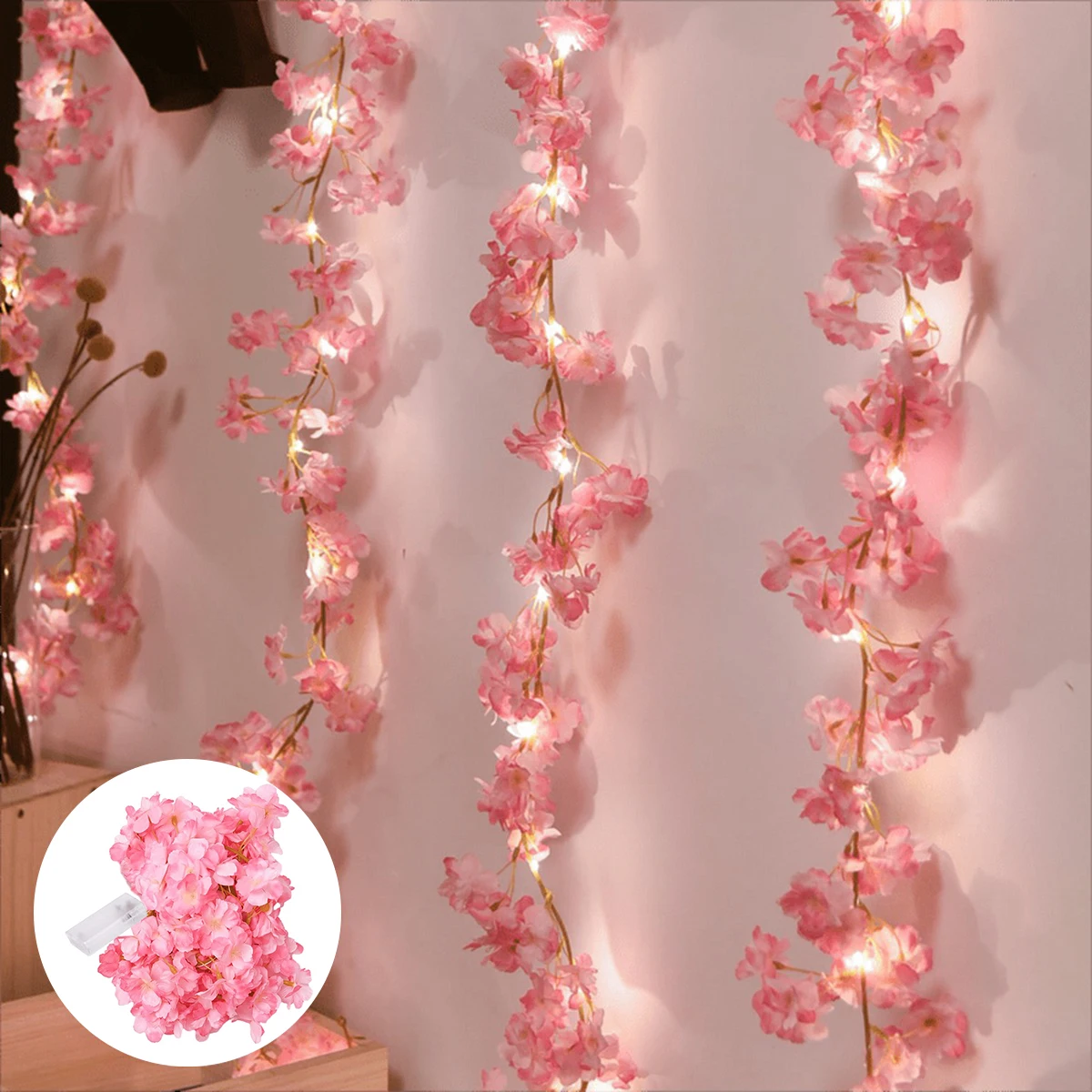 Guirnalda de luces de flor de cerezo, guirnalda de 20LED, guirnalda de flores artificiales, luces de hadas de enredaderas para decoración del banquete de boda y dormitorio, 1 ud.