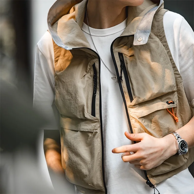 Maden-Chaleco de secado rápido para hombre, chaqueta sin mangas con capucha, multibolsillo, para acampar, pescar, montaña, caza táctica