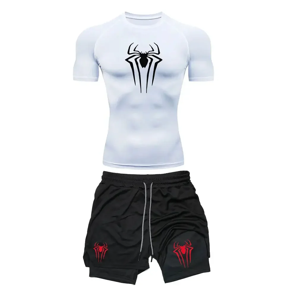 Conjunto de compresión de entrenamiento para hombre, camisetas con estampado de araña Y2K, pantalones cortos transpirables para correr, secado rápido, ropa deportiva