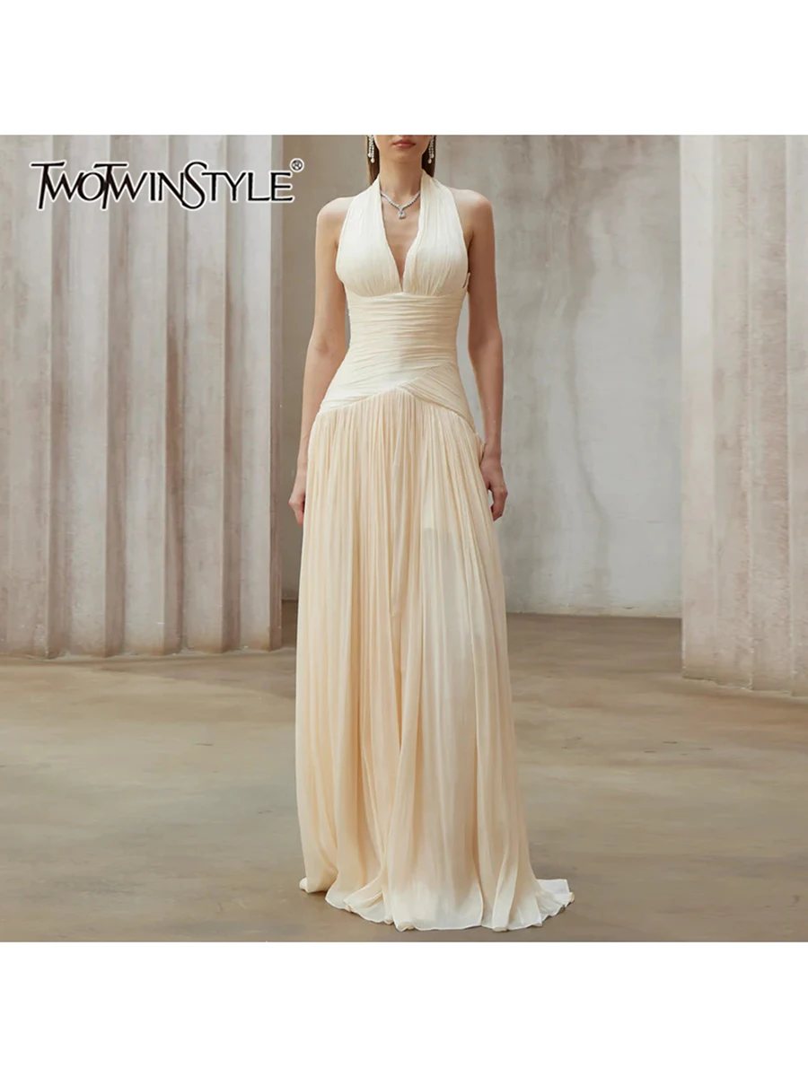 TWOTWINSTYLE, vestidos elegantes lisos adelgazantes con pliegues empalmados para mujer, vestido largo de cintura alta sin mangas con cuello Halter, ropa femenina nueva