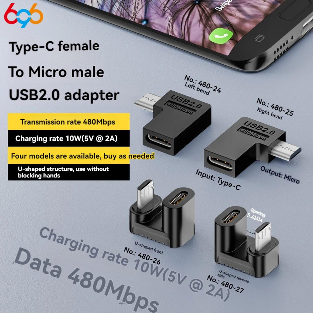 Adaptador USB 2,0 tipo C hembra a Micro macho, interfaz de micrófono a 480Mbps, transmisión de datos, adaptador de carga rápida de 10W