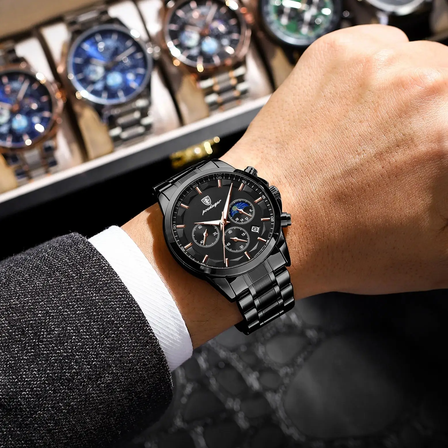 Relojes POEDAGAR para Hombre de Negocios, Resistentes al Agua, Luminosos, de Acero Inoxidable, Reloj de Pulsera de Moda para Hombre, Cronógrafo, Fecha, Reloj de Cuarzo