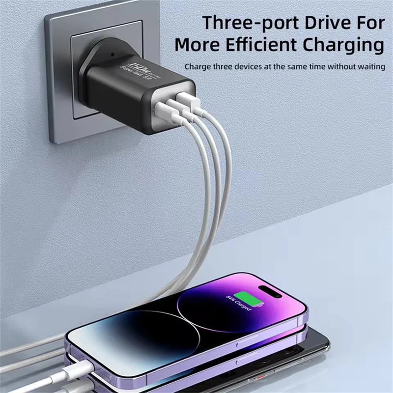 Cargador rápido Lenovo de 150 W, con 3 puertos, tecnología PD y QC3.0, adaptador de pared USB-C, cargador de viaje con múltiples enchufes para iPhone y Samsung (UE/EE. UU./Reino Unido).