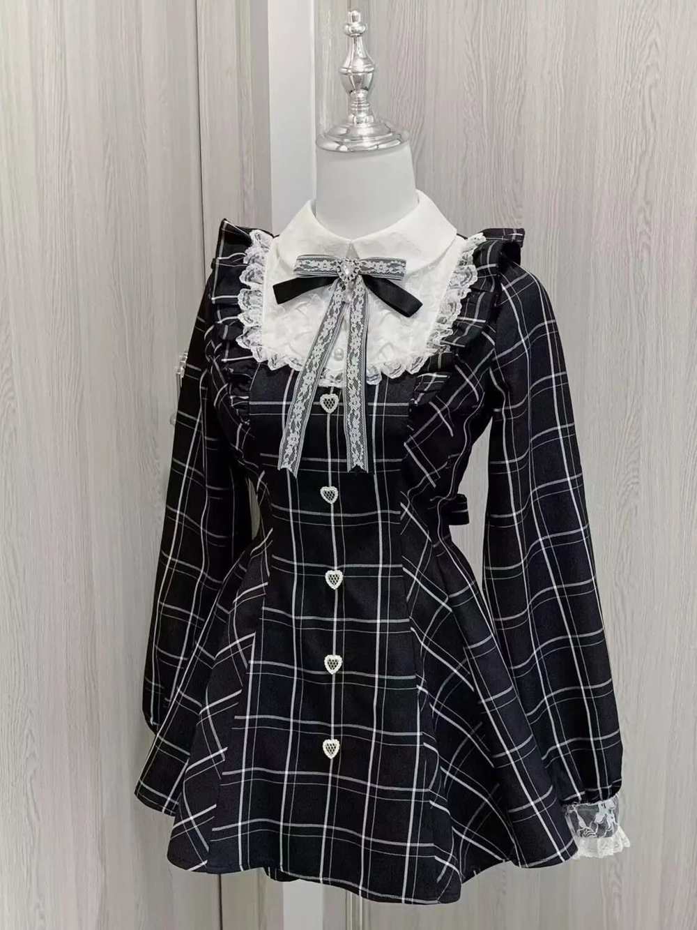 Vestido Lolita Kawaii para Mujer, con Encaje, Parches a Cuadros, Estilo Hada Grunge, con Volantes, Manga Larga, Estética Y2K