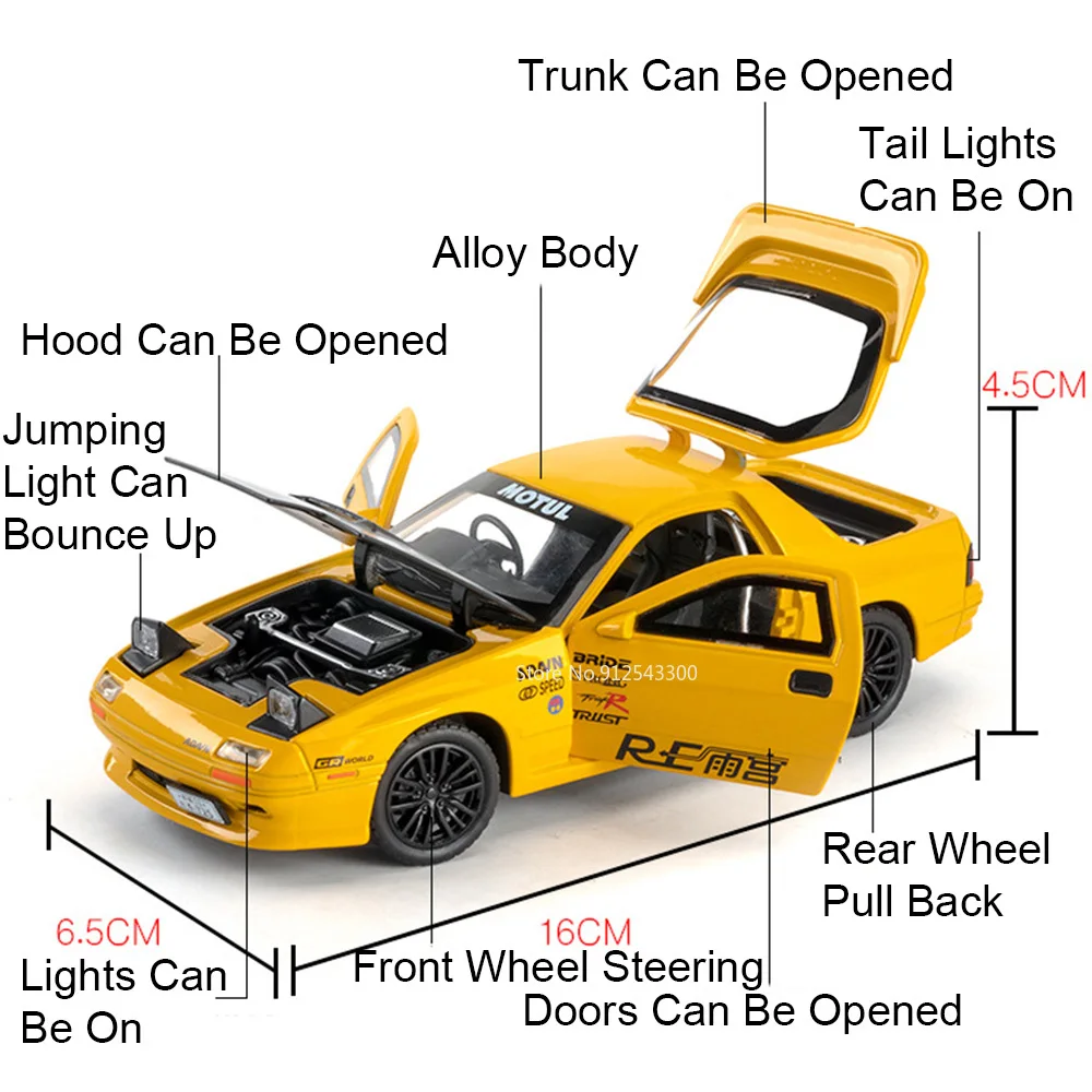 Coche de Juguete a Escala 1:32, Modelo RX7-FD, con Sonido y Luz, Vehículos de Juguete con Retroceso, Puertas que se Abren, Juguetes en Miniatura, Decoración para el Hogar