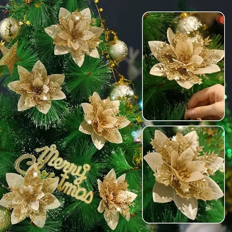 Flores Artificiales de Poinsettia Rojas Doradas Brillantes, Árbol de Navidad Artificial, Flores Falsas con Purpurina, Adornos Florales para Fiestas y Hogar