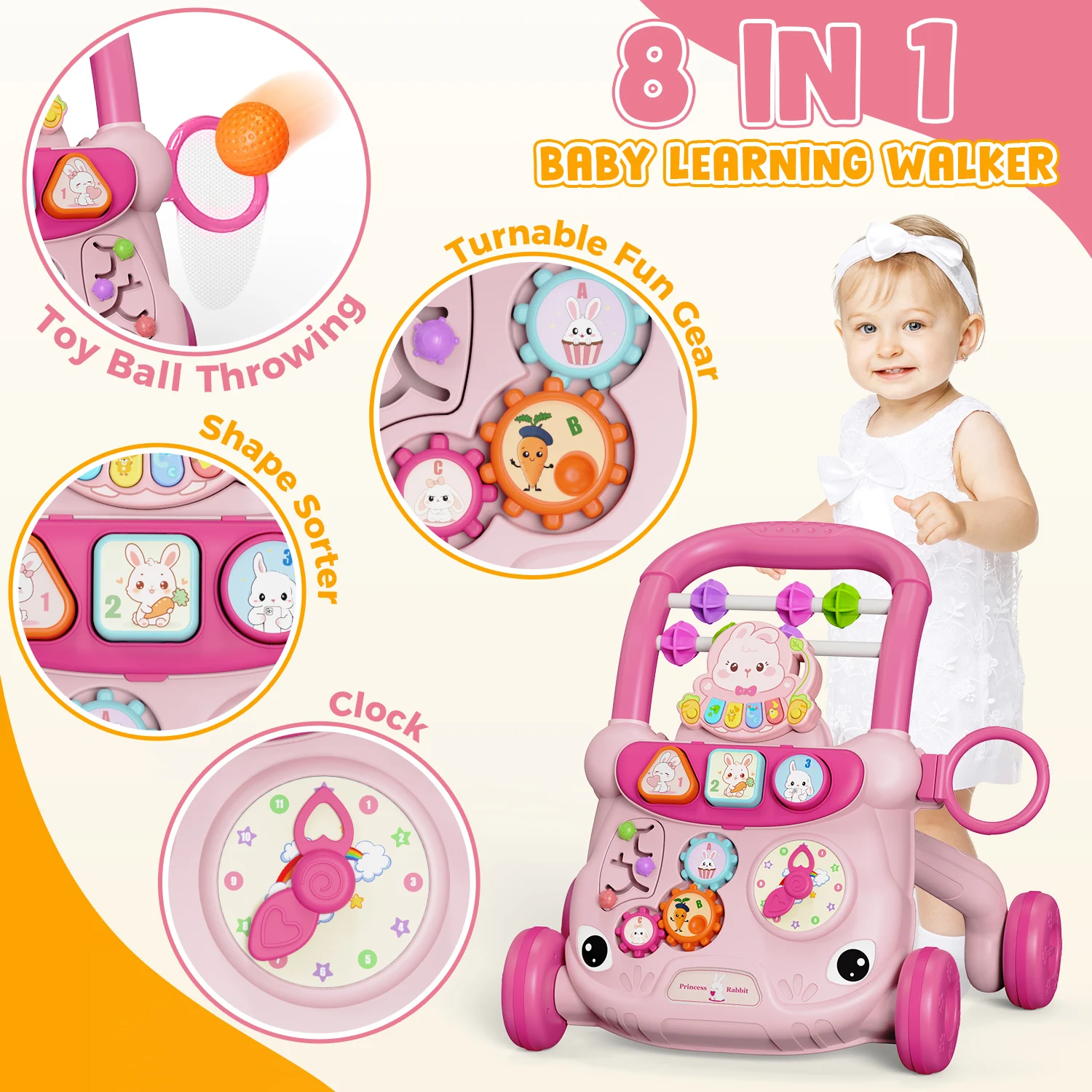 Andador para Bebés con Centro de Actividades Musicales, Andador Multifuncional de Aprendizaje con Diseño de Dibujos Animados para Niños y Niñas de 18 Meses o Más