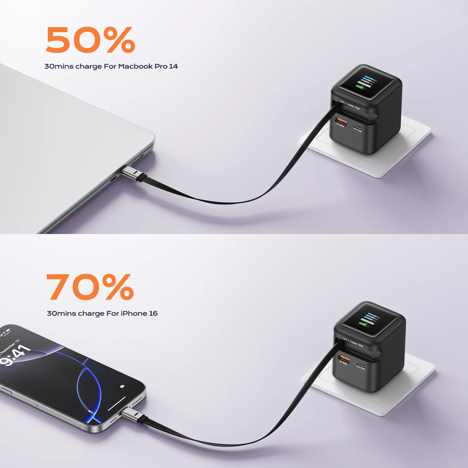 Cargador rápido GaN de 70W con Cable retráctil tipo C 3 en 1 PD3.0 QC4.0 PPS carga rápida para IPhone 16 15 14 Xiaomi Tablet Laptop