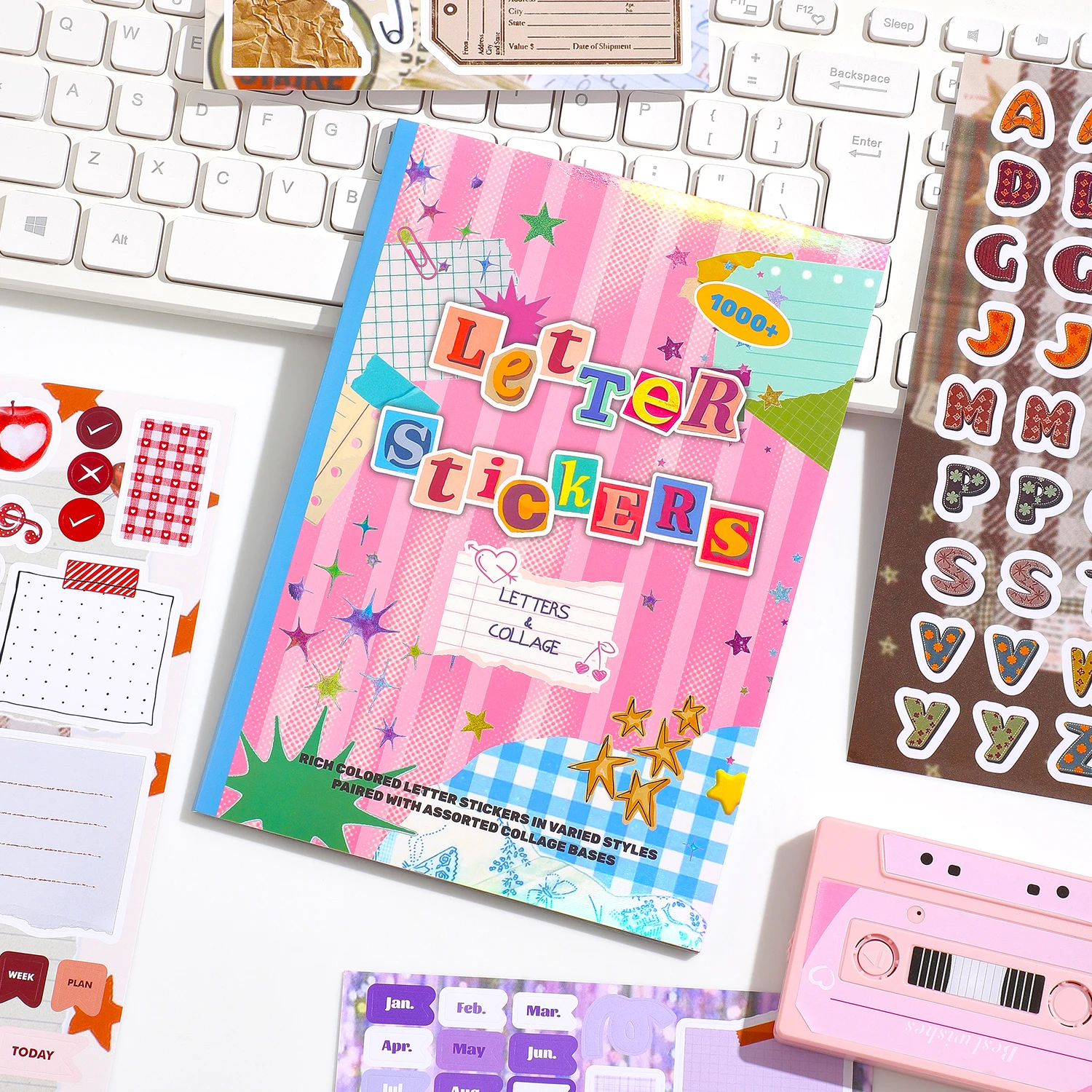 Libro de pegatinas de collage con más de 1000 piezas, pegatinas decorativas retro de letras y marcos para diario creativo y álbumes de recortes