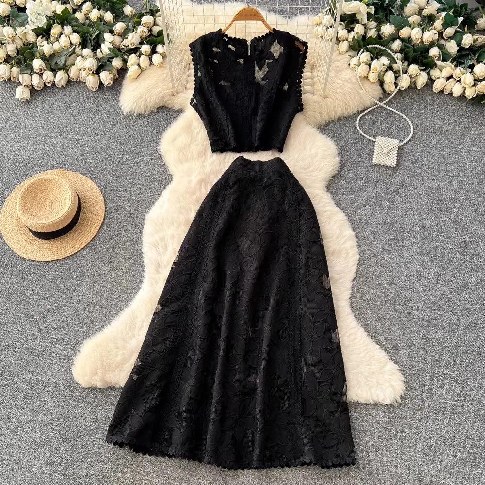 Conjuntos de dos piezas bordados para mujer, elegantes, con aberturas, de ganchillo, top corto sexy, faldas midi de línea A, trajes de 2 piezas, vestidos largos de encaje