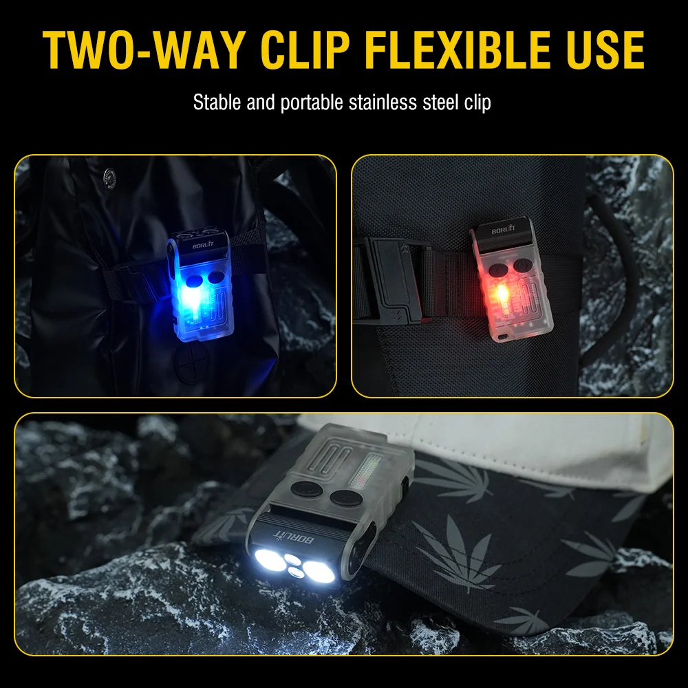 Llavero con linterna LED BORUiT V20 180 ° Clip de pitido magnético UV de rotación USB-C recargable Camping pesca antorcha alarma emergencia