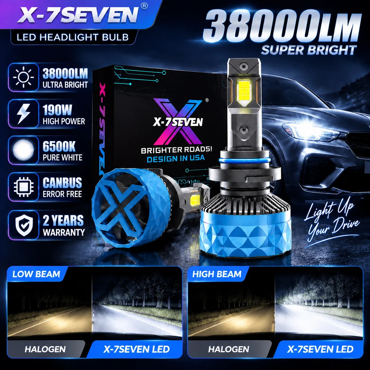 Bombilla LED para faros delanteros X-7SEVEN 190W 38000LM 6500K Súper Brillante H7 H11 H4 H13 9005 9006 Kit de Faros Delanteros CANBUS para Automóvil 2 Años de Garantía