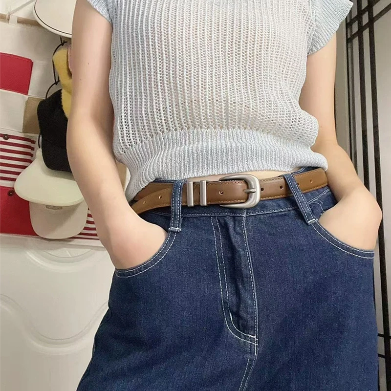Cinturón vintage unisex de piel de vaca de cuero genuino negro con hebilla plateada para hombres y mujeres cinturón de moda para pantalones vaqueros