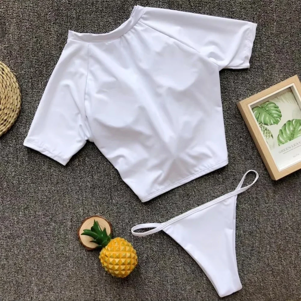 Traje de baño de dos piezas sexy para mujer, de manga corta, con nudo, blanco liso, traje de baño de dos piezas, ropa de playa, banadores mujer 2026