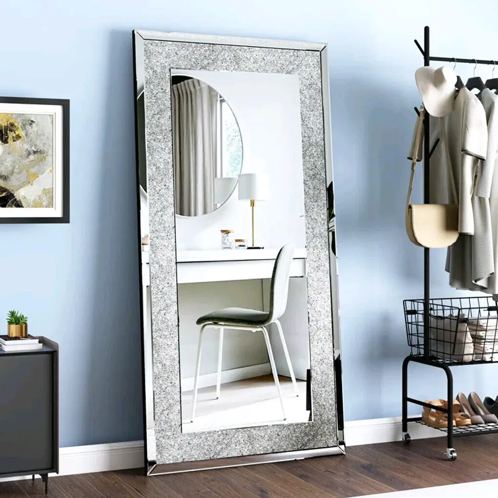 LUVODI Espejos de tocador sin marco con diamantes de imitación de cristal brillante plateado grande Espejo de tocador montado en la pared para el hogar/Hotel