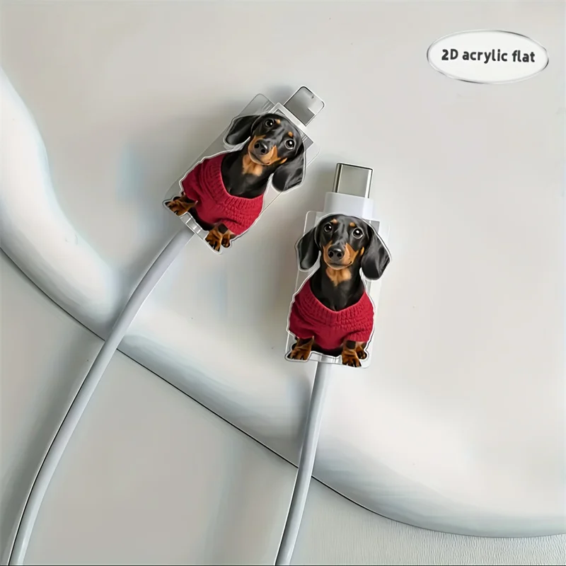 2 uds 2D plano perro salchicha patrón Cable Protector conector plástico teléfono cargador Cable cubierta para iPhone/tipo-c
